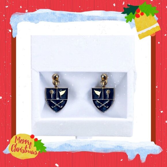 Vintage Golf Post Earrings Blue and Gold Enamel - Picture 1 of 8